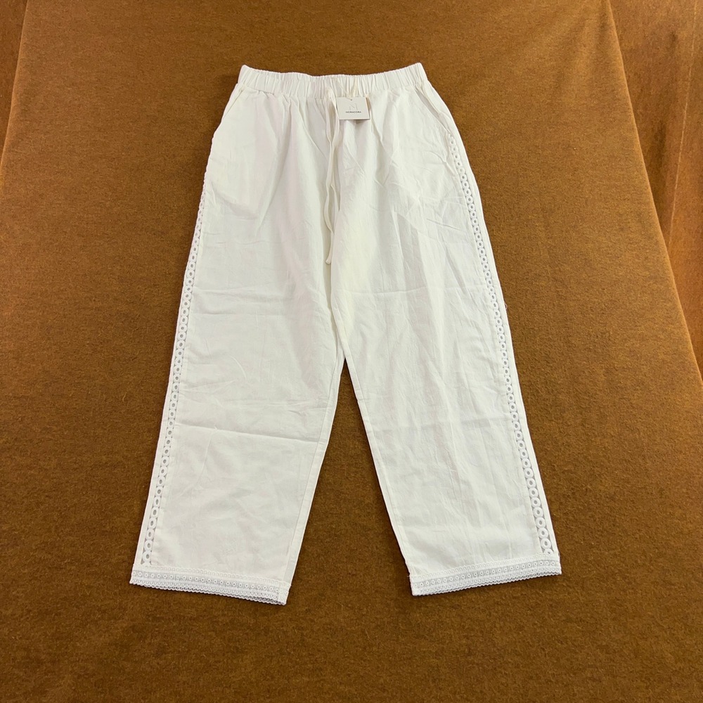 Noracora Womens Large White Eyelet Lace Trim Cotton Drawstring Wide Leg Pants